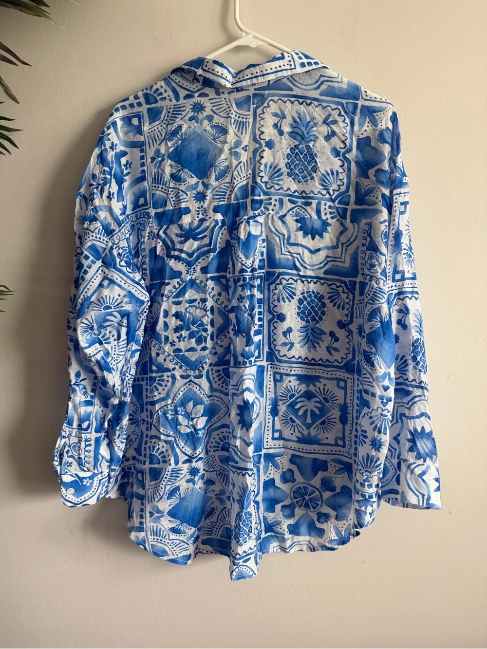 Relaxed Blue & White Printed Button-Down Shirt